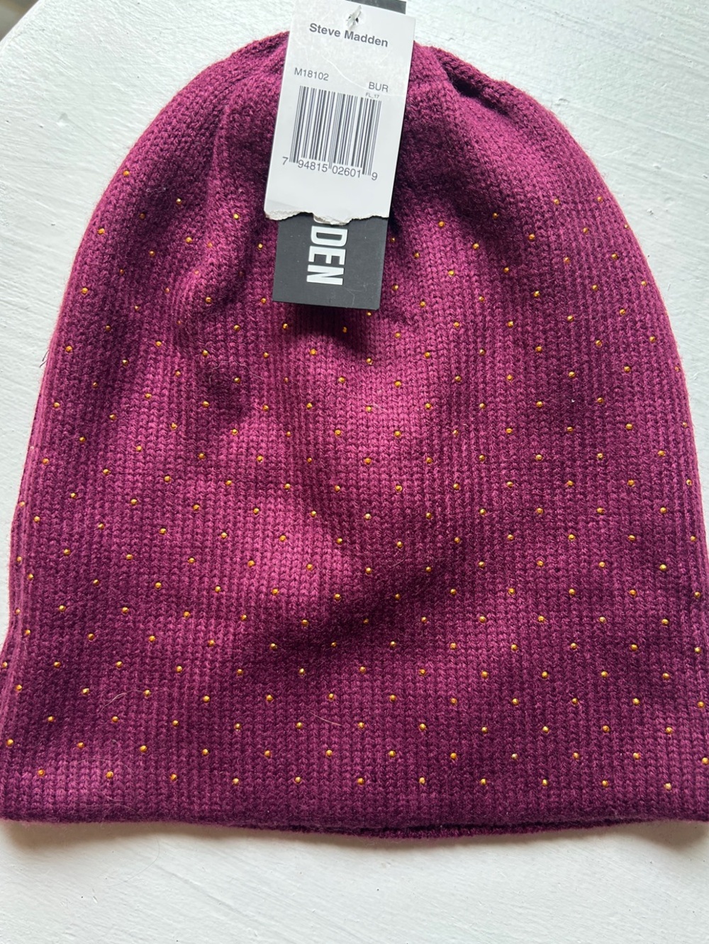 Steve Madden Knit Beanie in Plum with Gold Accent Dots